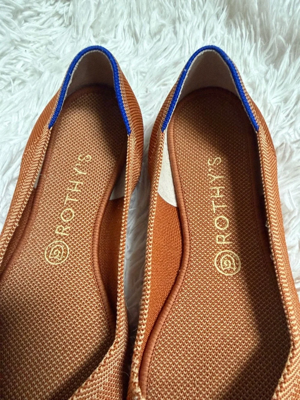 Rothy's Pointed Toe Flats in Rust with Blue Trim - Picture 2 of 10